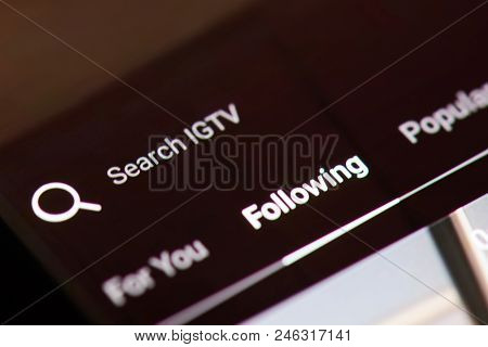New York, Usa - June 21, 2018: Search On Instagram Igtv Menu Close Up Of Smartphone Screen