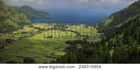 Aerial View Of Lake Toba Of North Sumatera Indonesia With Large Paddy Field