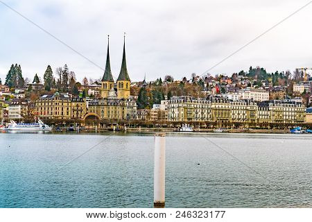 Lucerne, Switzerland - March 30, 2018 : Cityscape Of The Historic Old City Of Lucerne With The Churc