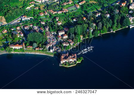 Detail Seen From Helicopter Of Lake Como Lecco In Italy