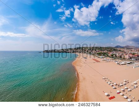 Panoramic Sea Landscape With Gaeta, Lazio, Italy. Scenic Historical Town With Old Buildings, Ancient