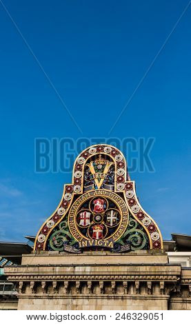 A View Of The Chatham And Dover Railway Badge On Blackfriars Bridge Along The South Bank In London.
