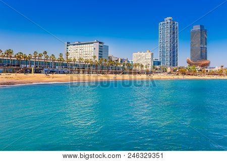Barceloneta Beach In Barcelona. Nice Sand Beach With Palms. Sunny Bright Day With Blue Sky. Famous T