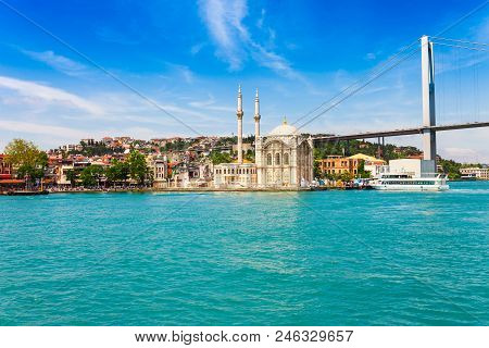 Panoramic View Of Istanbul. Panorama Cityscape Of Famous Tourist Destination Bosphorus Strait Channe