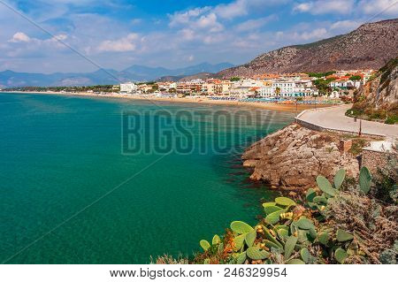 Sea Landscape With Sperlonga, Lazio, Italy. Scenic Resort Town Village With Nice Sand Beach And Clea