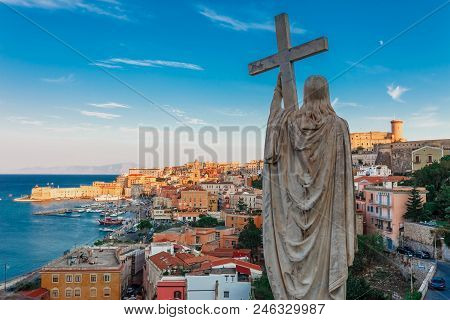 Panoramic Sea Landscape With Gaeta, Lazio, Italy. Scenic Historical Town With Old Buildings, Ancient