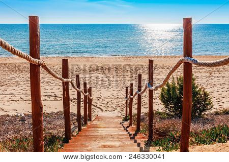 Panoramic Sea Beach Landscape Near Gaeta, Lazio, Italy. Nice Sand Beach And Clear Blue Water. Famous