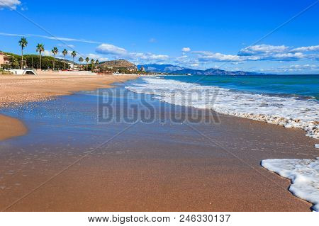 Panoramic Sea Landscape With Terracina, Lazio, Italy. Scenic Resort Town Village With Nice Sand Beac