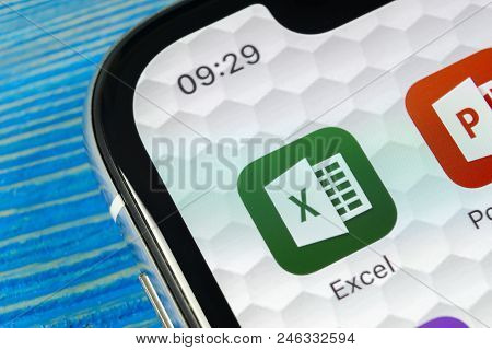 Sankt-petersburg, Russia, June 22, 2018: Microsoft Exel Application Icon On Apple Iphone X Screen Cl
