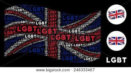 Waving English State Flag Pattern Designed Of Lgbt Texts. Vector Lgbt Texts Are Composed Into Mosaic