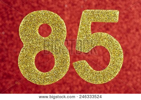 Number Eighty-five Golden Color Over A Red Background. Anniversary. Horizontal