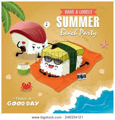 Vintage Summer Poster With Tamago, Hokkigai Sushi Character, Palm Tree.