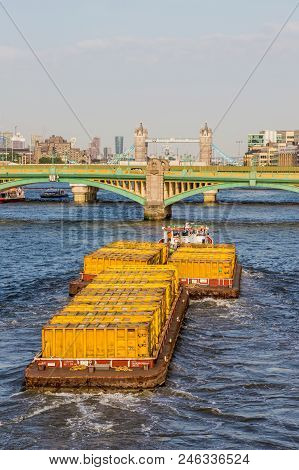 London. June 2018. A View Of Cargo Tugs On The Ruiver Thames In London.