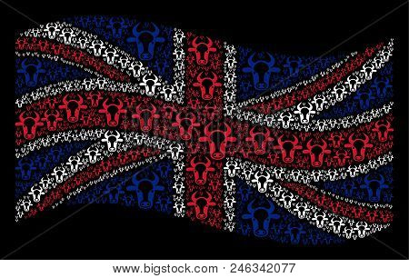 Waving British State Flag On A Black Background. Vector Cow Head Elements Are Combined Into Conceptu