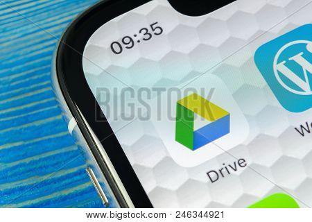 Sankt-petersburg, Russia, June 22, 2018: Google Drive Application Icon On Apple Iphone X Screen Clos