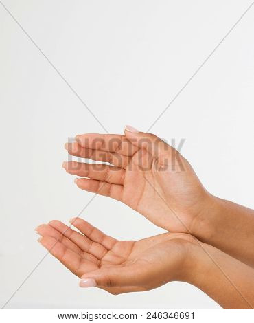 Black Woman's Hand Two Palm Up. Handbreadth Isolated On A White Background. Front View. Mock Up. Cop