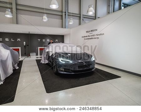 Tilburg, Netherlands - May 31, 2018: New Tesla Car In Factory Tesla Tilburg.. Tesla Motors Assembly 