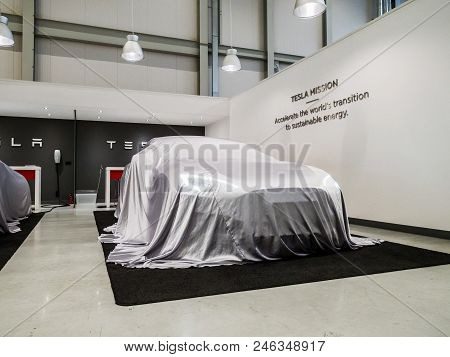 Tilburg, Netherlands - May 31, 2018: New Tesla Car In Factory Tesla Tilburg.. Tesla Motors Assembly 