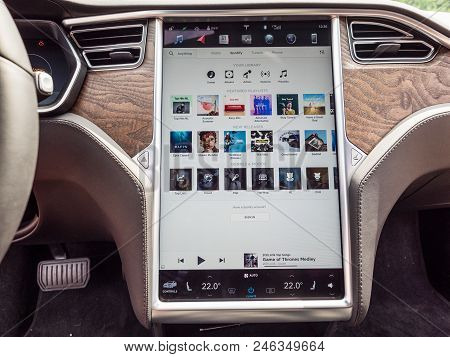 Urmond, Netherlands - May 31, 2018: Dashboard. Large Display With Infographics. Tesla Moles S 100d. 