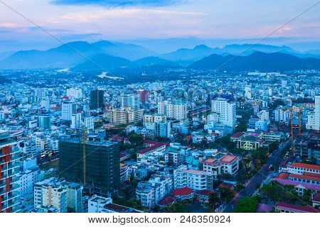 Nha Trang City Skyline Aerial Panoramic View At Sunset In South Vietnam
