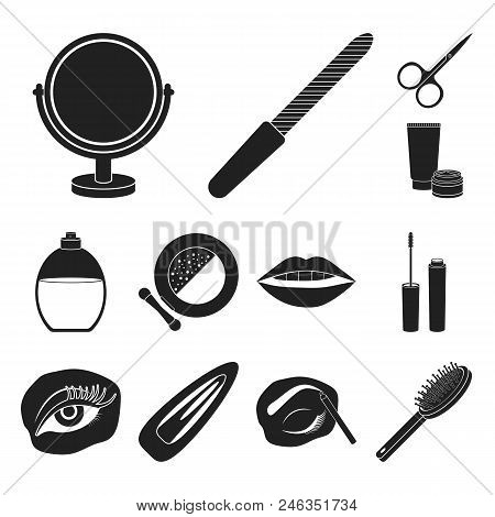 Makeup And Cosmetics Black Icons In Set Collection For Design. Makeup And Equipment Vector Symbol St