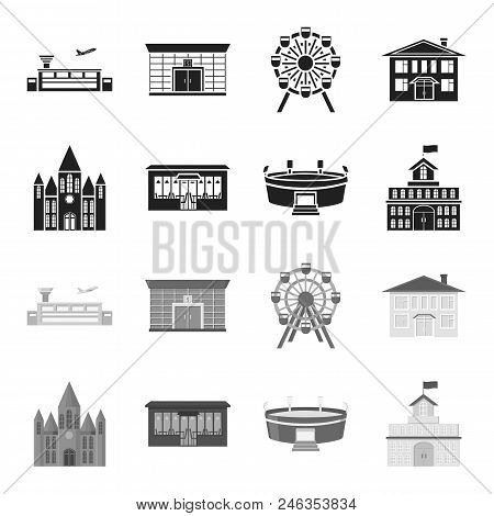 House Of Government, Stadium, Cafe, Church.building Set Collection Icons In Black, Monochrome Style 