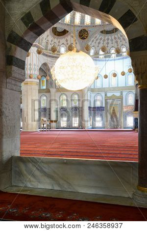Ankara / Turkey - JUNE 19 2018: Kocatepe Mosque interior details. The Mosque is the biggest one in Ankara and a tourist magnet with its architectural details.