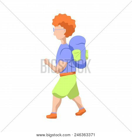 Red Hair Man With Backpack On White Background. Travelling Backpacker Flat Style Vector Illustration