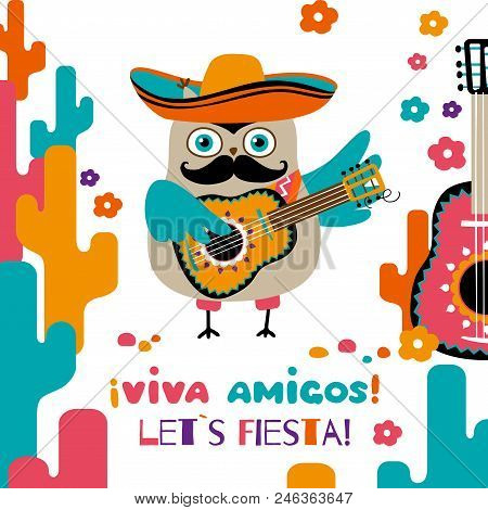 Cinco De Mayo Greeting Postcard. Cartoon Owl In Mexican Sombrero
