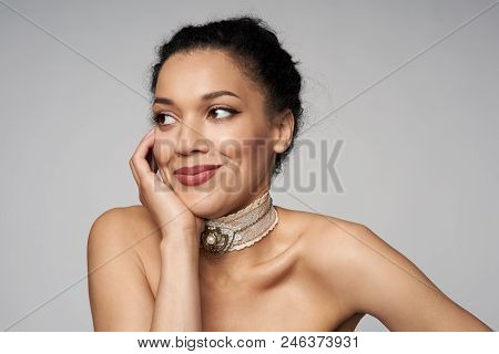 Beauty Closeup Portrait Of Beautiful Mixed Race Caucasian - African American Woman Wearing Chocker L