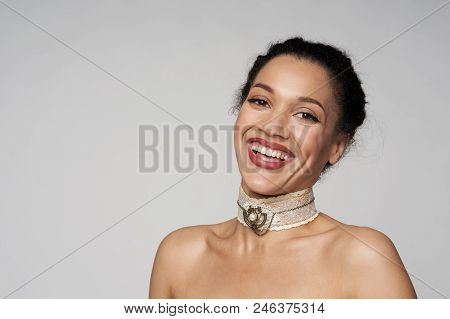 Happy Laughing Closeup Portrait Of Beautiful Mixed Race Woman Wearing Chocker Looking At Camera, Iso