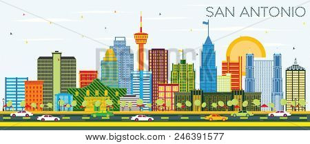 San Antonio Texas Skyline with Color Buildings and Blue Sky. Business Travel and Tourism Concept with Modern Architecture. San Antonio Cityscape with Landmarks.
