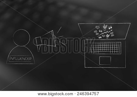 Social Media Marketing Conceptual Illustration: Influencer With Megaphone Next Laptop With Stas Goin