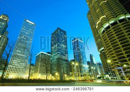 Buildings On Wacker Drive On The Shore Of Chicago River, Chicago, Illinois, Usa