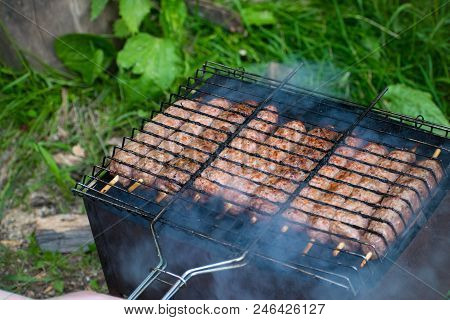 Lulya Kebab From Meat Are Prepared In The Grill.