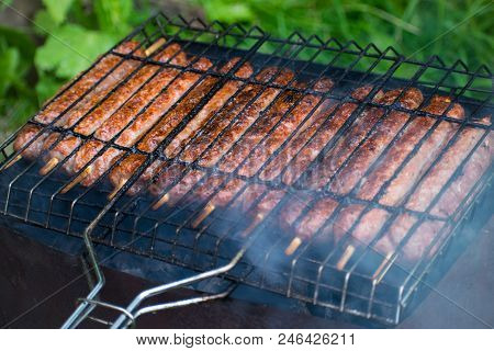 Lulya Kebab From Meat Are Prepared In The Grill.