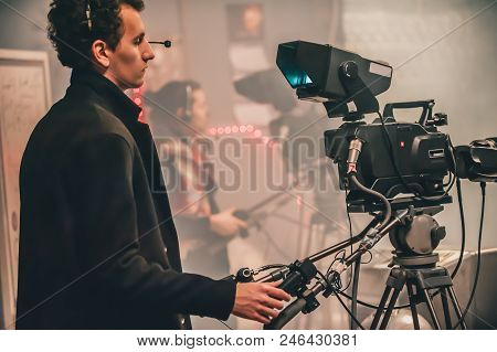 Behind Scene. Multiple Camera. Cameraman Shooting Film Scene With Camera