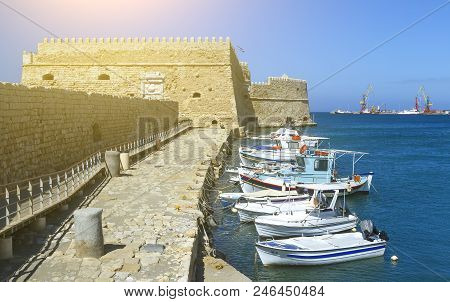 Heraklion Old Venetian Harbour With Colorful Small Fishing Boats, Yachts And Ships, Heraclion Crete,