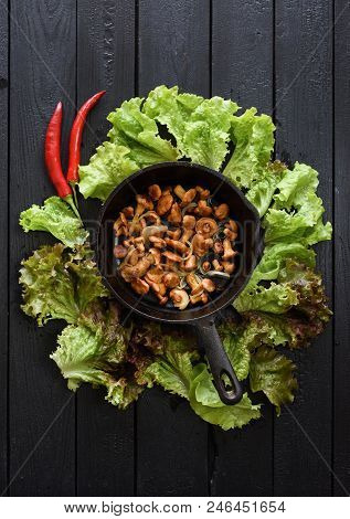 Healthy Vegetarian Meal. Chanterelle Mushrooms Fried In Cast Iron Pan With Onion Served With Lettuce