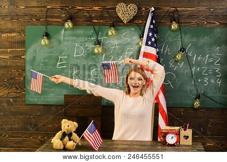 Independence Day Beautiful Woman With American Flag