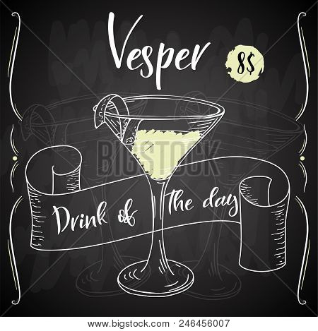 Vector Dring Poster. Cocktail Vesper For Restaurant And Cafe. Hand Drawn Illustration.