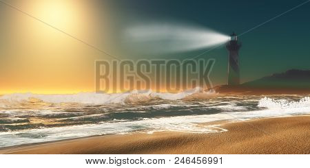 Lighthouse Beach 3d Illustration - Twilight Overtakes A Seashore As A Nearby Lighthouse Lights Up Th