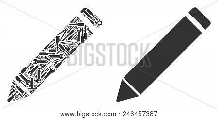 Edit Pencil Composition Of Service Instruments. Vector Edit Pencil Icon Is Organized Of Cogs, Screwd