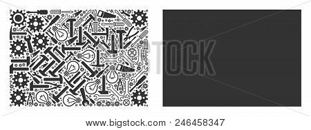 Filled Rectange Composition Of Service Tools. Vector Filled Rectange Icon Is Constructed Of Gear Whe