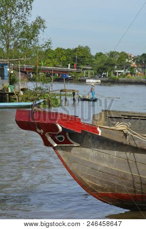 Phong Dien, Vietnam - December 31st 2017. The Painted Bow Of A Boat On The River At The Phong Dien F
