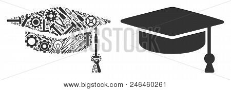Graduation Cap Composition Of Service Tools. Vector Graduation Cap Icon Is Created Of Gears, Wrenche