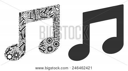 Music Notes Mosaic Of Repair Instruments. Vector Music Notes Icon Is Shaped Of Gears, Wrenches And O