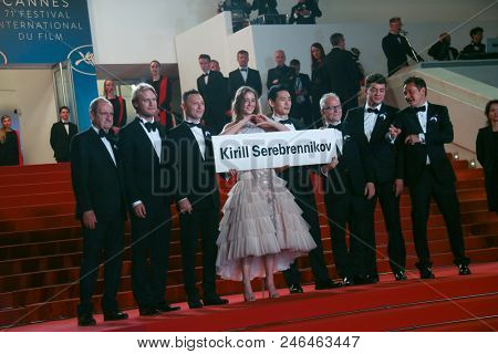  Ilya Stewart,  Roman Bilyk, Irina Starshenbaum,Teo Yoo, Vladislav Opelyants attend the screening of'Leto' during the 71 Cannes  Film Festival at Palais on May 9, 2018 in Cannes, France.