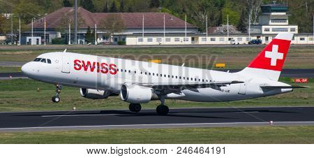 Berlin Germany - April 21. 2018: Swiss Airbus A320 Take Off From Berlin Tegel Airport