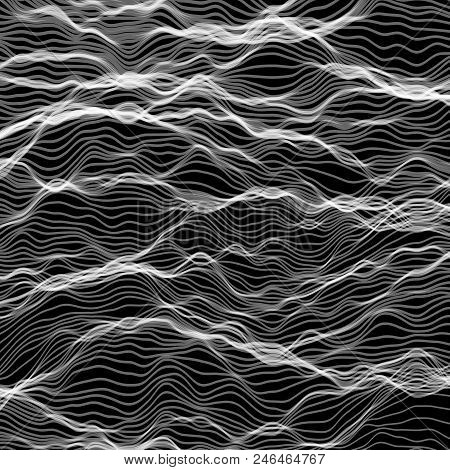 Texture Made Of Wavy White Line With Variable Width On Black Background. Vector Line Noise.